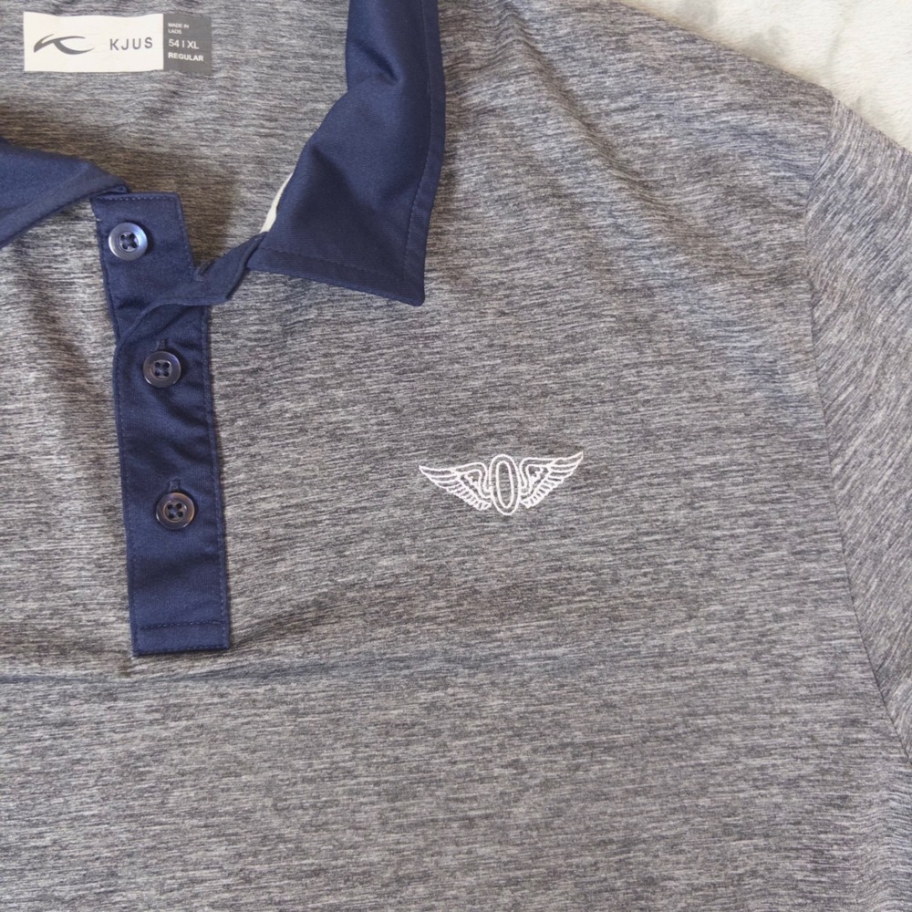 KJUS Polo Shirt Mens XL Grey Navy Blue Heathered UPF 50 Golf Activewear Top - Picture 4 of 7